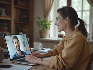 Student practicing speaking with a language exchange partner via video call