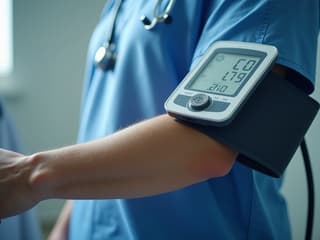 Studio close-up of a person using a blood pressure monitor, clean medical setting