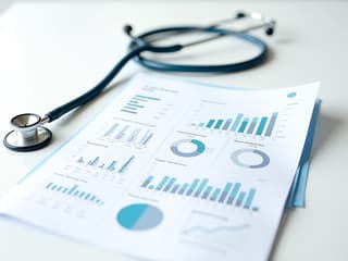Studio photo of a lab report with graphs and numbers, stethoscope nearby, clean white background