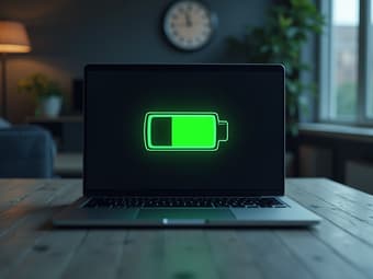 Studio photo of a laptop with a rapidly depleting battery indicator, clock in background