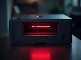 Studio photo of a modern printer with error message on display, high-contrast lighting