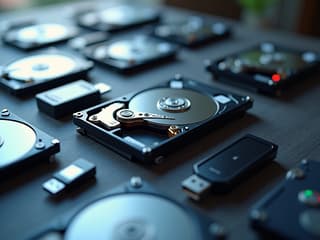 Studio photo of multiple storage devices (hard drives, USB sticks) arranged neatly, soft lighting