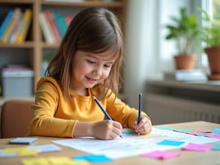 Studio photograph of a student using colorful mind maps and flashcards, bright and cheerful setting