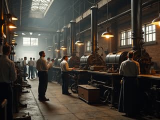 Studio photograph of early industrial revolution factory, steam engines, workers at machines