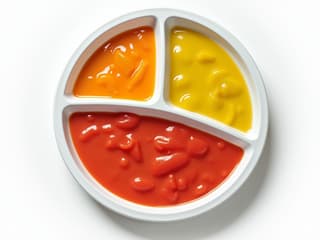 Studio photography of portion control plate with divided sections, bright colors, clean background