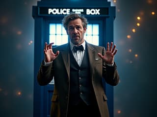 Studio portrait of Doctor Who, eccentric pose, TARDIS backdrop, sci-fi lighting effects