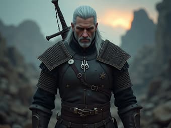 Studio portrait of Geralt of Rivia, Witcher armor, post-apocalyptic backdrop, cinematic lighting