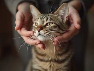 Studio portrait of a cat being petted, soft lighting, relaxing atmosphere
