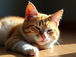 Studio portrait of a cat lounging in a sunbeam, peaceful expression, soft focus