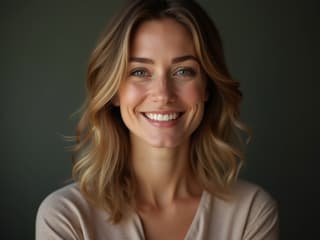 Studio portrait of a compassionate woman with a warm smile, soft lighting, comforting atmosphere