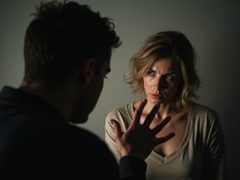 Studio portrait of a concerned person reaching out to a shadowy figure representing their partner