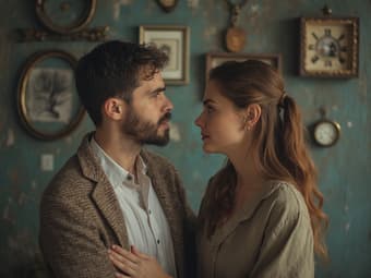 Studio portrait of a couple discussing intimacy, with symbols of compromise and understanding