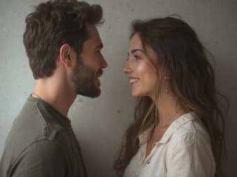 Studio portrait of a couple engaged in open and positive communication