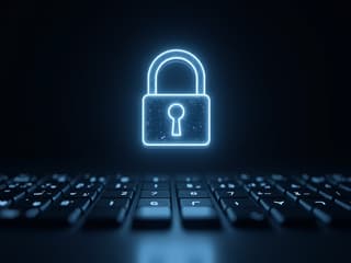 Studio portrait of a digital lock icon floating above a computer keyboard, dramatic lighting