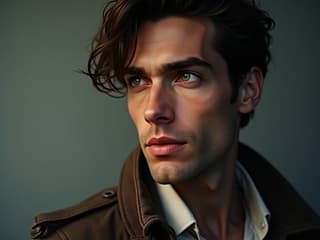 Studio portrait of a dreamy-eyed man looking into the distance, soft lighting