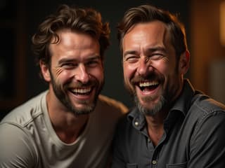 Studio portrait of a laughing man with a friend, warm lighting, genuine expressions