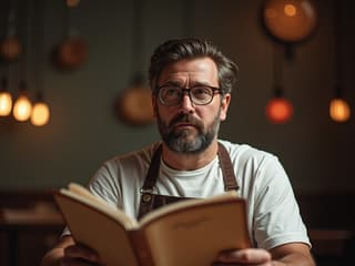 Studio portrait of a man pondering menu choices, restaurant-themed props