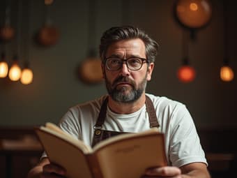 Studio portrait of a man pondering menu choices, restaurant-themed props