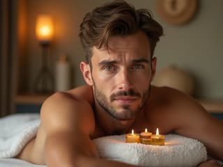 Studio portrait of a man with massage oils, spa-themed setting and soft lighting