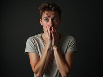 Studio portrait of a person holding their hands, looking uncomfortable