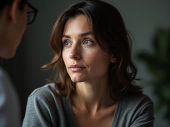 Studio portrait of a person in a therapy session, looking focused