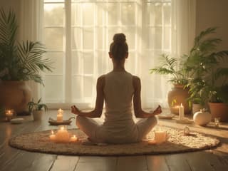 Studio portrait of a person meditating peacefully, surrounded by calming elements
