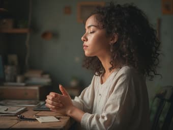 Studio portrait of a person mindfully performing a daily task, with a peaceful expression