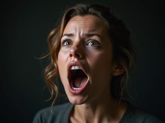 Studio portrait of a person speaking out loud, symbolizing overcoming shyness