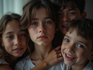 Studio portrait of a person surrounded by family, but feeling lonely, soft lighting