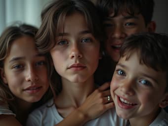 Studio portrait of a person surrounded by family, but feeling lonely, soft lighting