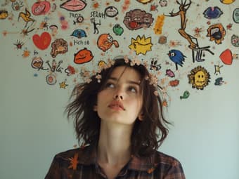 Studio portrait of a person surrounded by various emotion symbols, looking introspective