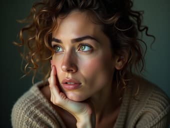 Studio portrait of a person with a thoughtful expression, surrounded by self-care