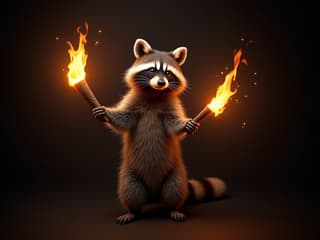 Studio portrait of a raccoon juggling flaming torches, dark background, spot lighting