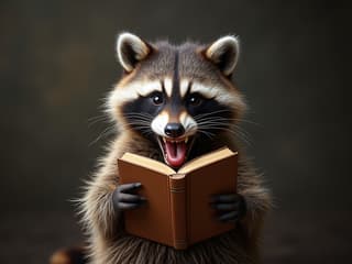 Studio portrait of a raccoon reading a book about octopuses, with a disgusting fact highlighted