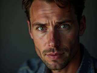 Studio portrait of a sincere man making eye contact with the camera, soft, reassuring lighting