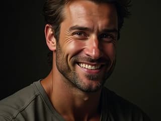 Studio portrait of a strong, protective man with a gentle smile, warm lighting