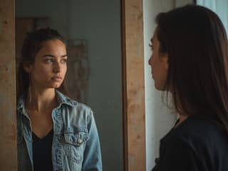 Studio portrait of a student practicing a conversation in front of a mirror, looking confident