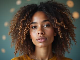 Studio portrait of a woman with a thoughtful expression, surrounded by positive affirmations