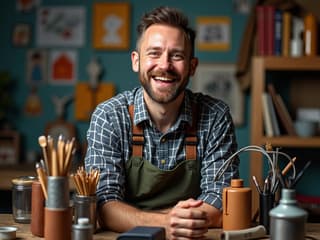 Studio portrait of an enthusiastic man with various hobby items, colorful background