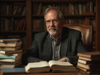Studio portrait of an intellectual-looking man surrounded by self-help books, warm lighting