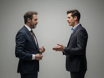 Studio portrait of two people engaged in a constructive negotiation