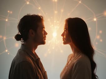 Studio portrait of two people interacting mindfully, with improved connection symbolized