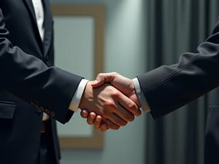 Studio portrait of two people shaking hands, resolving conflict, professional setting