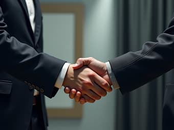Studio portrait of two people shaking hands, resolving conflict, professional setting