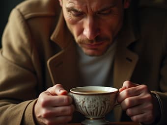 Studio shot of a caring man offering a cup of tea, warm lighting