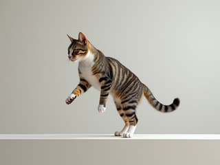 Studio shot of a cat balancing on a narrow ledge, perfect poise, clean background