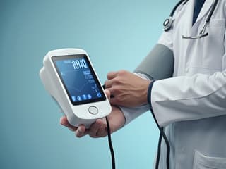 Studio shot of a doctor demonstrating a modern blood pressure monitor