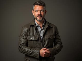 Studio shot of a man giving an approving look, fashion-themed background