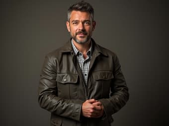 Studio shot of a man giving an approving look, fashion-themed background