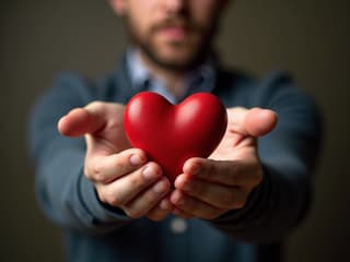 Studio shot of a man holding a heart-shaped object, soft focus background